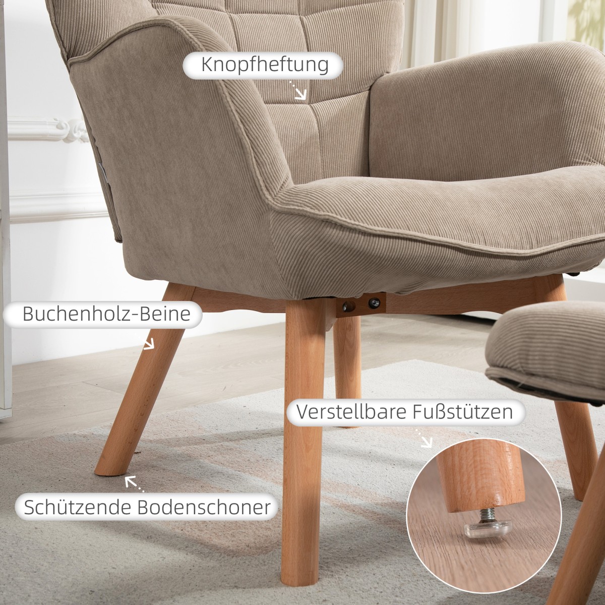Καρέκλα Accent με σκαμπό, Cord Look Relax Chair, Πολυθρόνα με ξύλινα πόδια, για σαλόνι, ανοιχτό καφέ