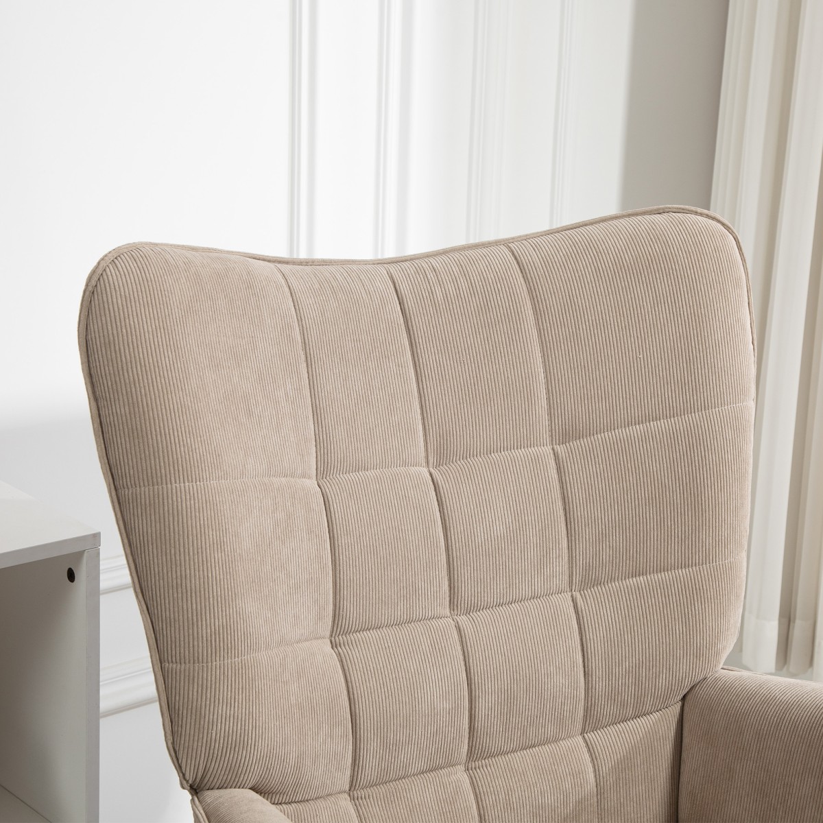 Καρέκλα Accent με σκαμπό, Cord Look Relax Chair, Πολυθρόνα με ξύλινα πόδια, για σαλόνι, ανοιχτό καφέ