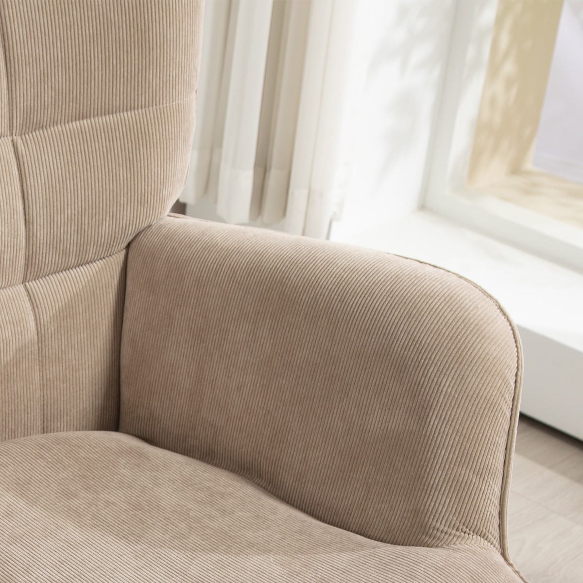 Καρέκλα Accent με σκαμπό, Cord Look Relax Chair, Πολυθρόνα με ξύλινα πόδια, για σαλόνι, ανοιχτό καφέ