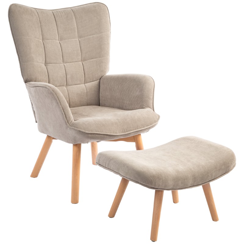 Καρέκλα Accent με σκαμπό, Cord Look Relax Chair, Πολυθρόνα με ξύλινα πόδια, για σαλόνι, ανοιχτό καφέ