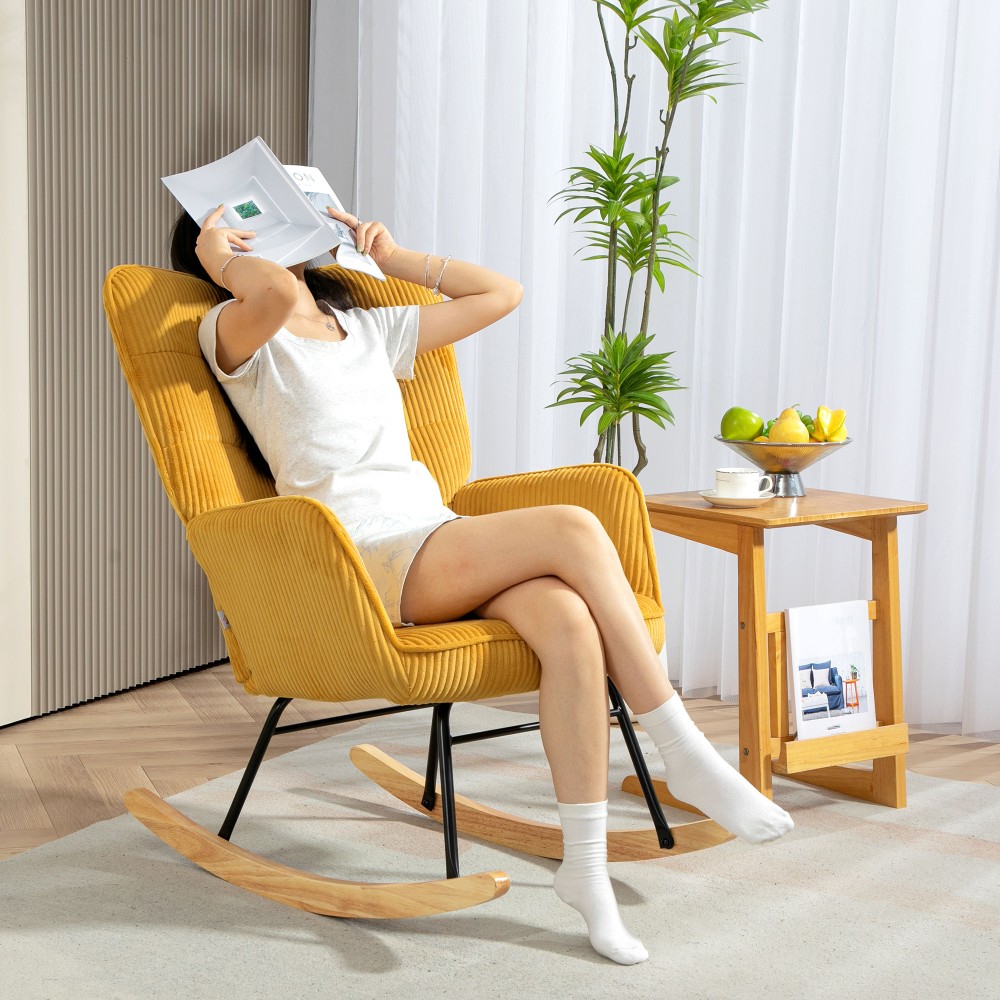 Vintage κουνιστή καρέκλα, καμπύλες ρόδες, χοντρή ταπετσαρία, ξύλο οξιάς & ατσάλι, κίτρινο