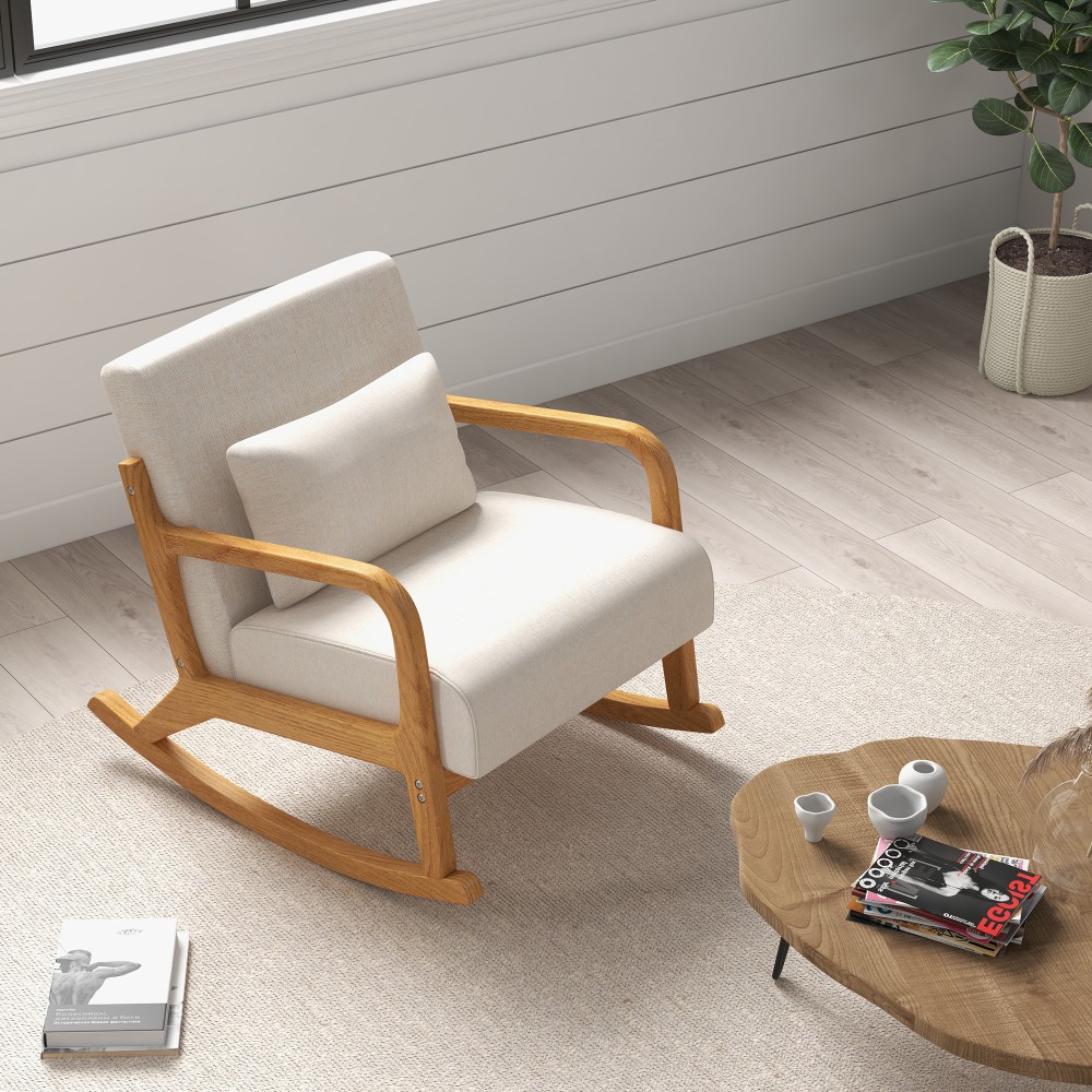 Ρετρό κουνιστή καρέκλα Rubberwood Wood 64,5cm x 92cm x 81,5cm Μπεζ + Καφέ