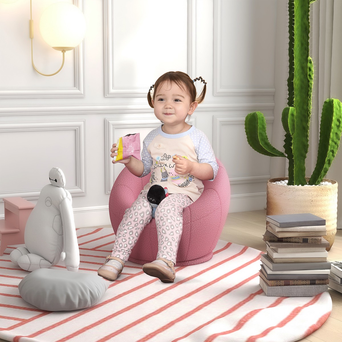 Kindersessel Kindermöbel Kinderhocker, Teddy-Fleece, 60 cm x 56 cm x 48 cm, Rosa