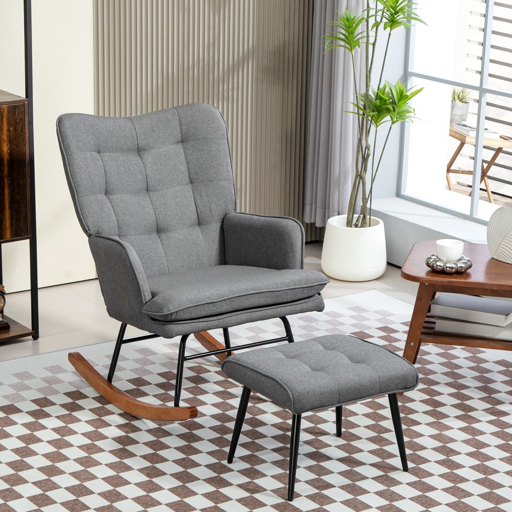 Κουνιστή πολυθρόνα με σκαμπό, άνετη, έως 130 κιλά, λινό όψη, 64x89x90cm, σκούρο γκρι