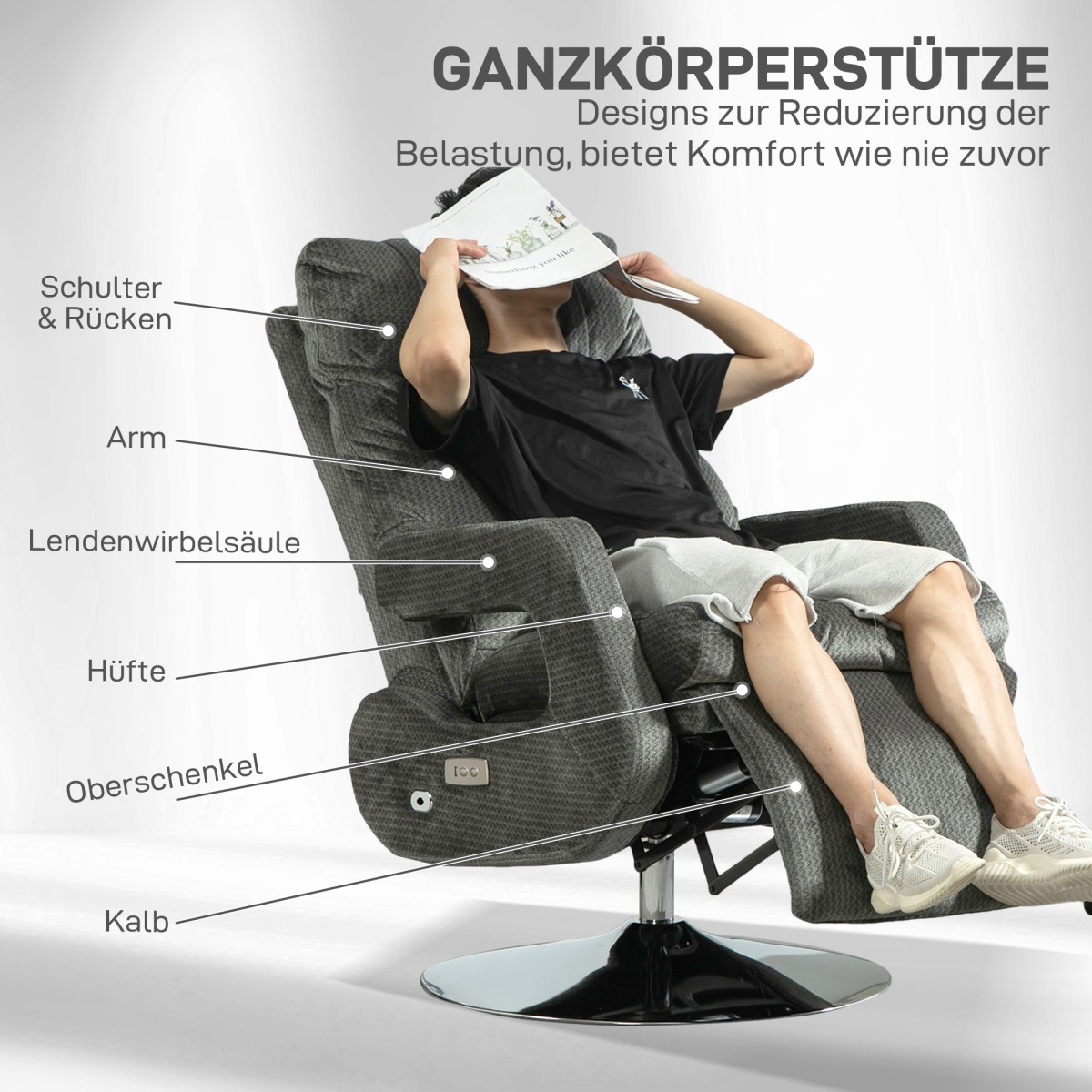 Ανακλινόμενη καρέκλα, Ηλεκτρική επενδυμένη καρέκλα με θύρα USB και υποπόδιο, Velvet look, Περιστρεφόμενη, Ρυθμιζόμενη, Γκρι