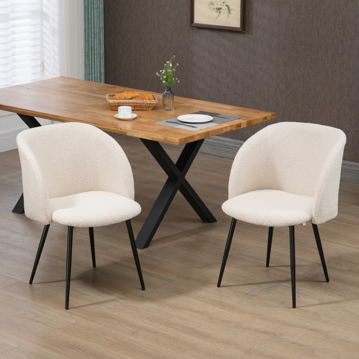 Σετ 2 καρέκλες τραπεζαρίας, επενδυμένες καρέκλες με υφασμάτινο κάλυμμα, καρέκλες κουζίνας με ατσάλινα πόδια, τοξωτή πλάτη, κρεμ λευκό