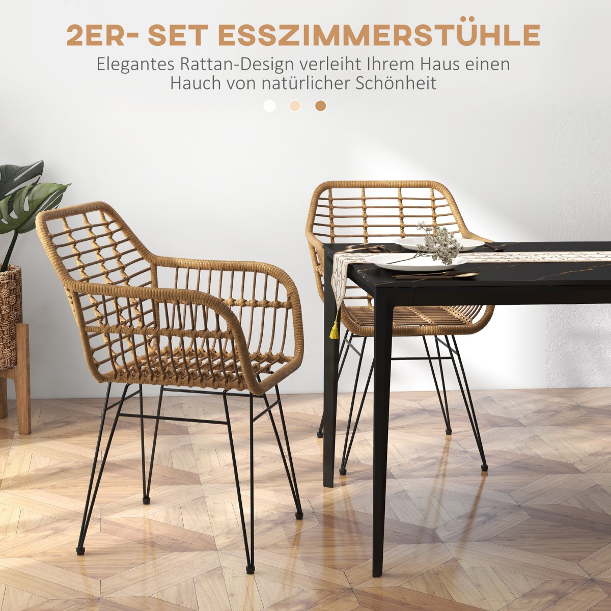 Σετ 2 Καρέκλες Κουζίνας Boho Style PE Rattan 56 x 60 x 79 cm Φυσικό + Μαύρο