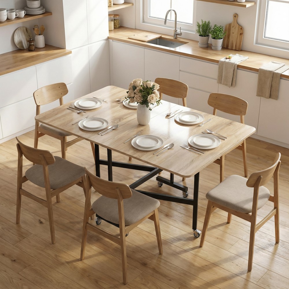 Κινητό πτυσσόμενο τραπέζι με 6 ρόδες και φρένα, Πτυσσόμενη τραπεζαρία κουζίνας για μικρούς χώρους, δρυς