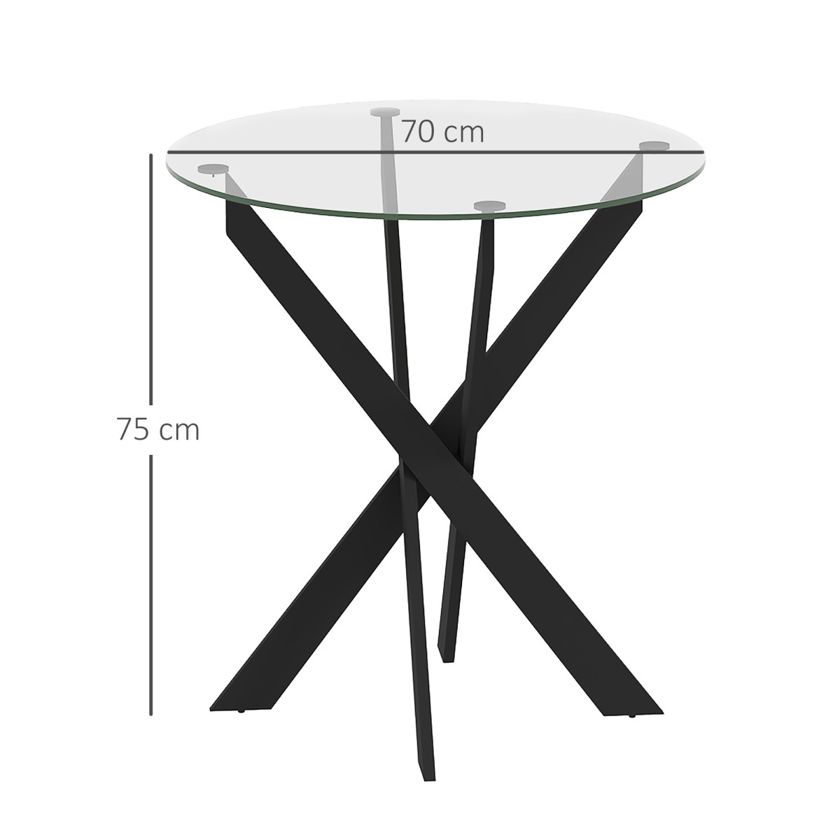 Μοντέρνα γυάλινη τραπεζαρία, διαμέτρου 70 cm, τραπέζι κουζίνας με σκληρυμένο γυαλί και μεταλλικά πόδια, για 4 άτομα