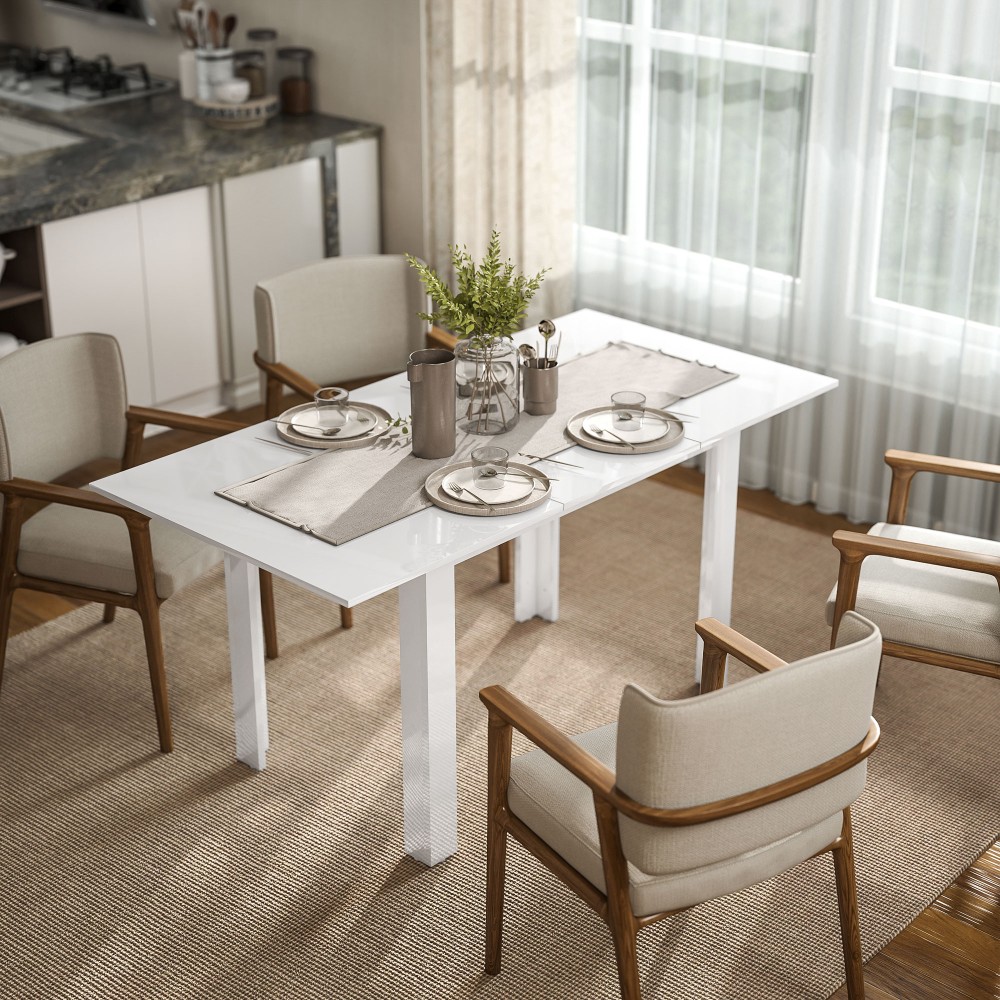 Επεκτάσιμο Τραπεζαρία 120-160 x 70cm Ρυθμιζόμενο Τραπέζι Κουζίνας για 4-6 Άτομα MDF High Gloss Λευκό