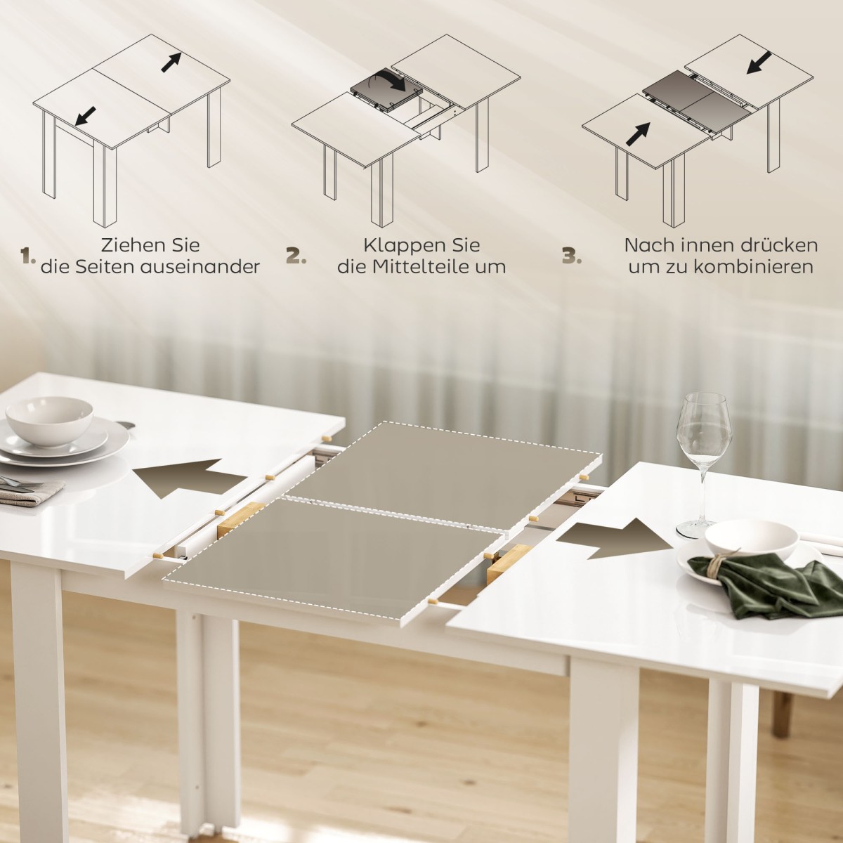 Επεκτάσιμο Τραπεζαρία 120-160 x 70cm Ρυθμιζόμενο Τραπέζι Κουζίνας για 4-6 Άτομα MDF High Gloss Λευκό