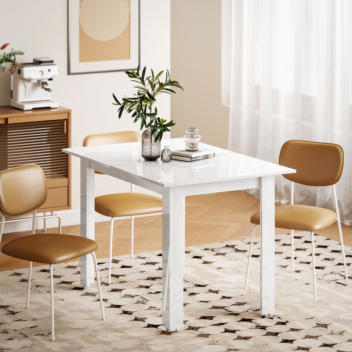 Επεκτάσιμο Τραπεζαρία 120-160 x 70cm Ρυθμιζόμενο Τραπέζι Κουζίνας για 4-6 Άτομα MDF High Gloss Λευκό