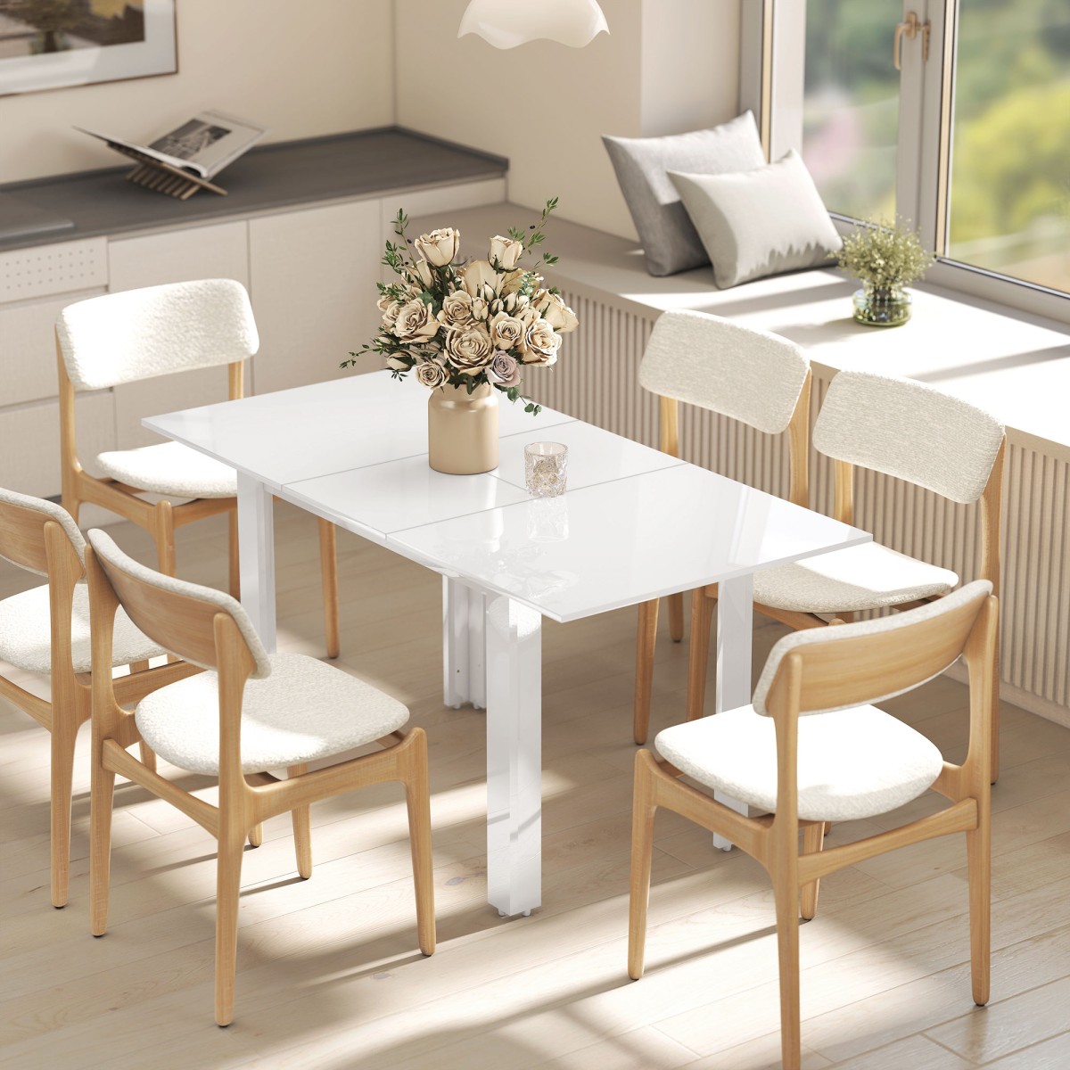Επεκτάσιμο Τραπεζαρία 120-160 x 70cm Ρυθμιζόμενο Τραπέζι Κουζίνας για 4-6 Άτομα MDF High Gloss Λευκό