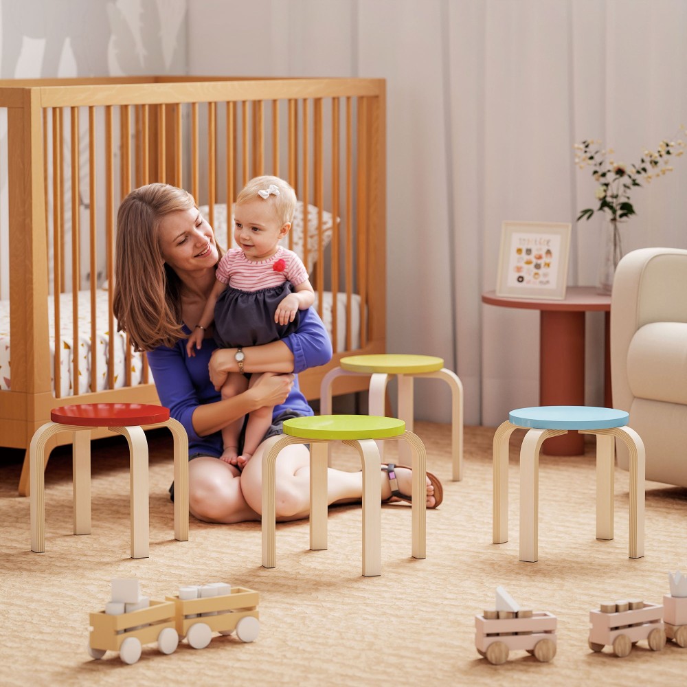 HOMCOM 4 Σκαμπό στοιβαζόμενα με τσόχινα πέλματα, Κόντρα πλακέ σημύδας, Βαμμένο, Πολύχρωμο