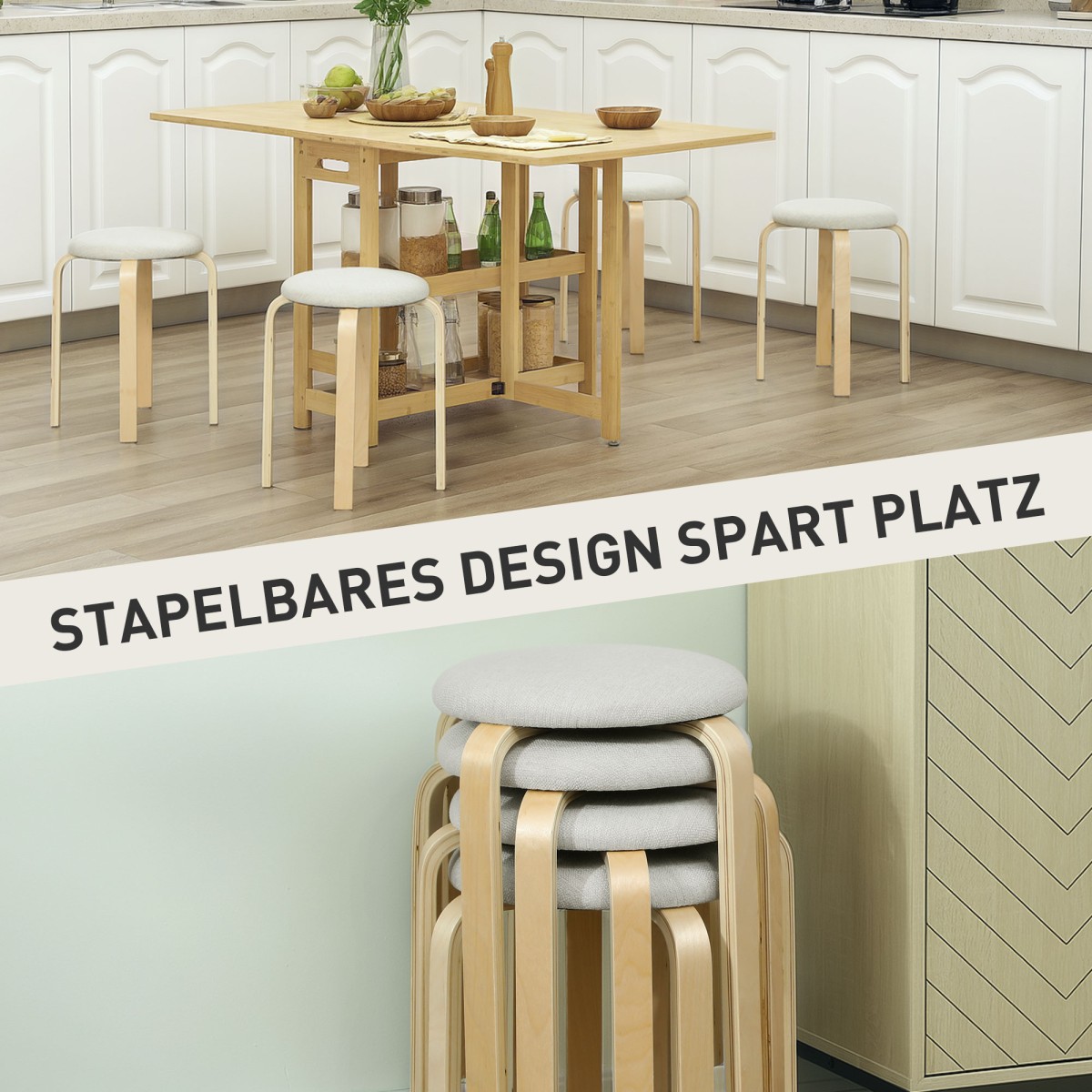 Σκαμπό HOMCOM σετ 4 τεμαχίων, στοιβαζόμενα, επιφάνεια με βερνίκι, ξύλινα πόδια, κρεμ λευκό