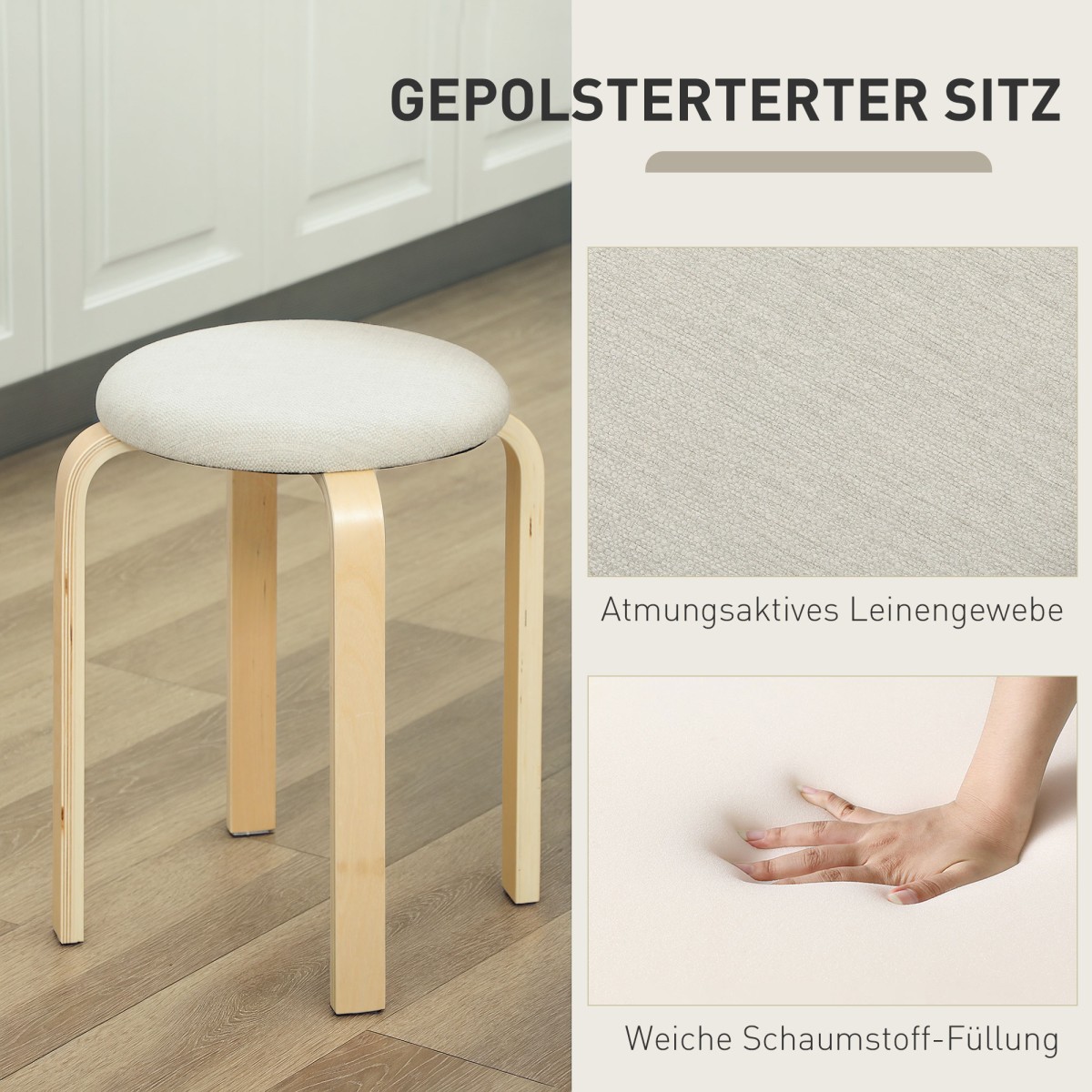 Σκαμπό HOMCOM σετ 4 τεμαχίων, στοιβαζόμενα, επιφάνεια με βερνίκι, ξύλινα πόδια, κρεμ λευκό