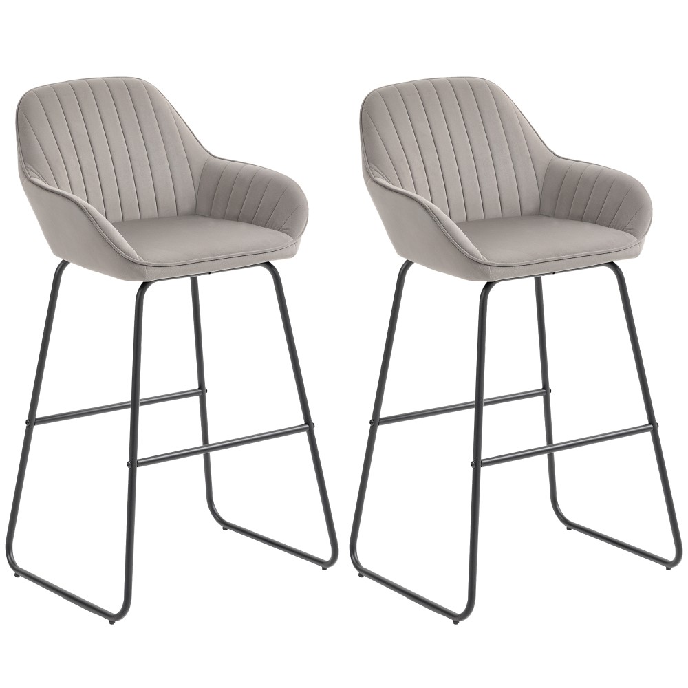 HOMCOM Σετ 2 σκαμπό μπαρ, σκαμπό μπαρ με υφασμάτινη επένδυση και γέμισμα αφρού, ταπετσαρισμένο σκαμπό με μεταλλικά πόδια, Γκρι