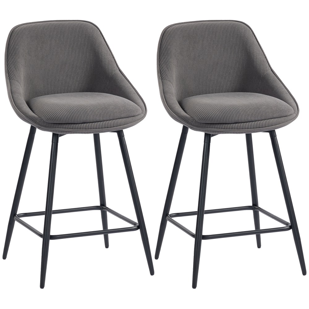 HOMCOM Σετ 2 σκαμπό μπαρ με κοτλέ ύφασμα και μεταλλικά πόδια, καρέκλες κουζίνας για νησίδα κουζίνας, τραπεζαρία, γκρι