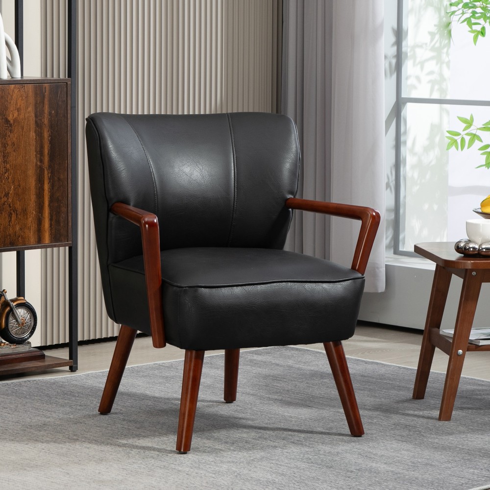 Accent Chair, φαρδύ κάθισμα, όψη δέρματος, ξύλινο πλαίσιο, έως 120 kg, 67x77x80 εκ., Μαύρο