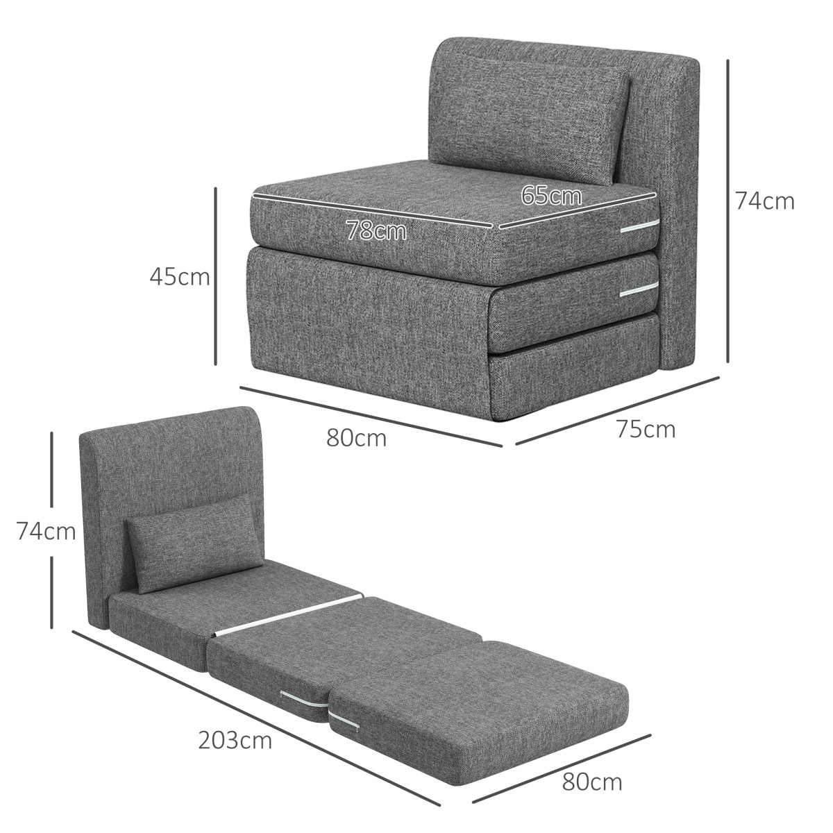 Καναπές-κρεβάτι, στρώμα επισκέπτη, 3πτυχο, συμπαγές, μεταλλικός σκελετός, 80x75x74 cm, γκρι