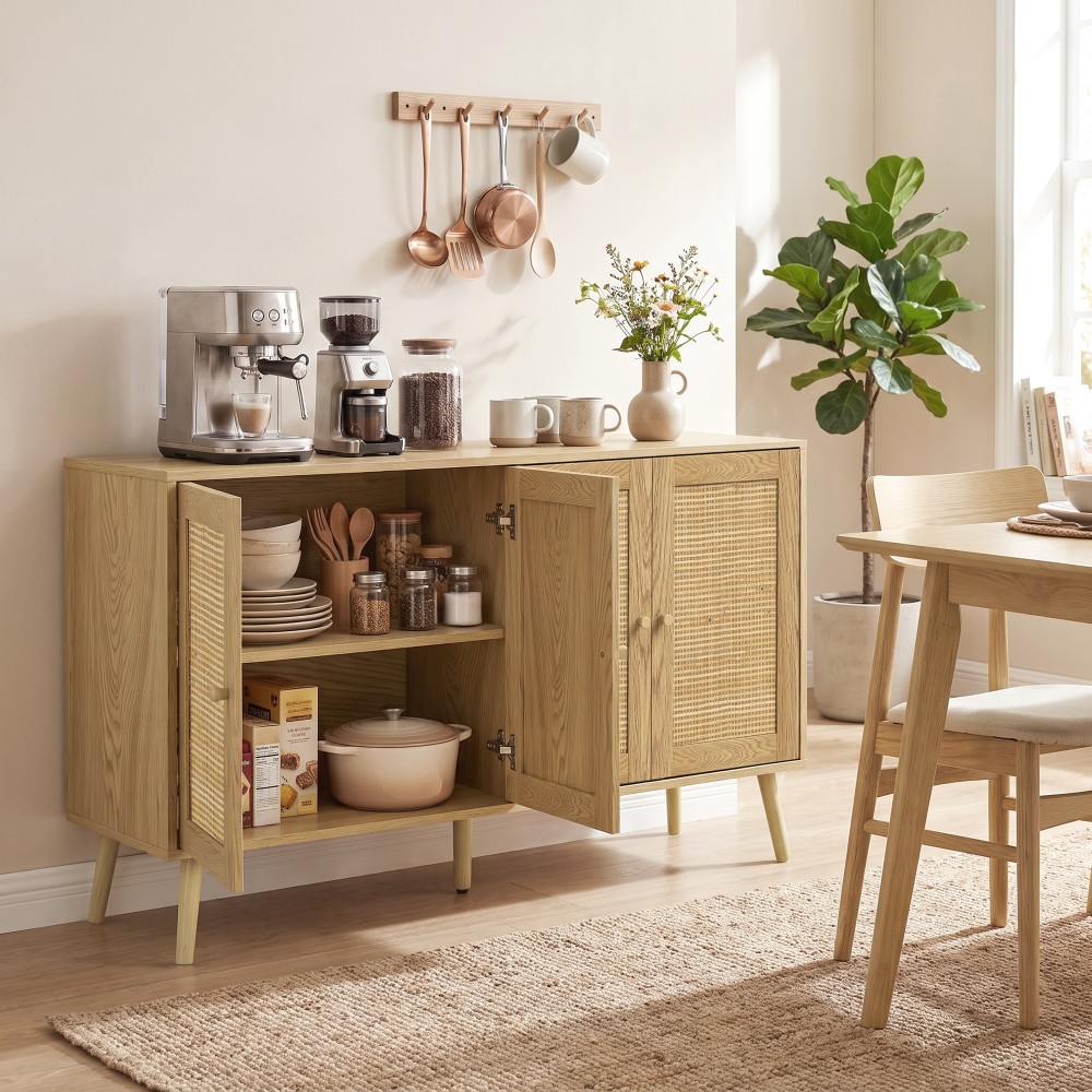 Μπουφές Rattan με 4 πόρτες, μπουφές κουζίνας boho με 2 ρυθμιζόμενα ράφια, εμφάνιση από φυσικό ξύλο