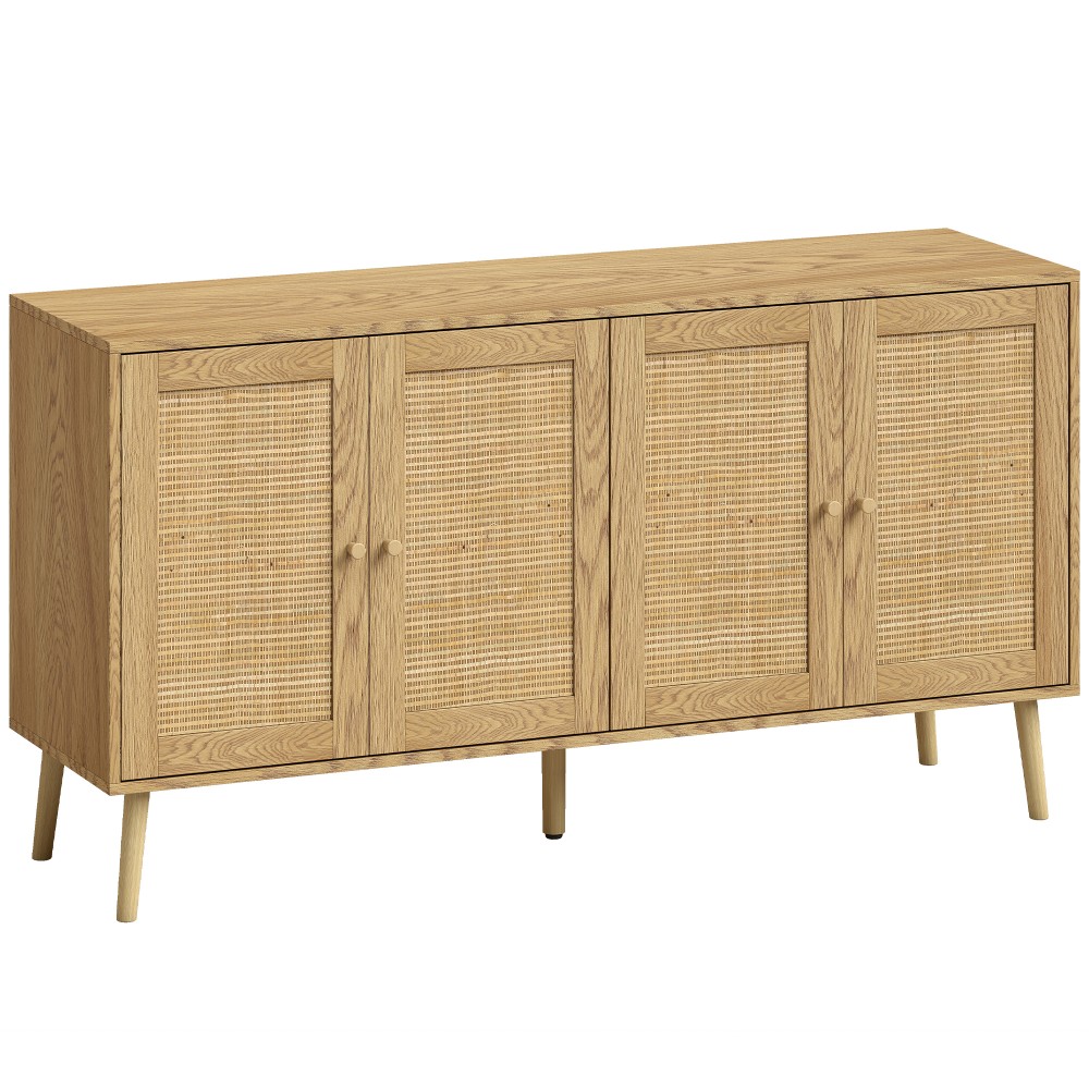 Μπουφές Rattan με 4 πόρτες, μπουφές κουζίνας boho με 2 ρυθμιζόμενα ράφια, εμφάνιση από φυσικό ξύλο