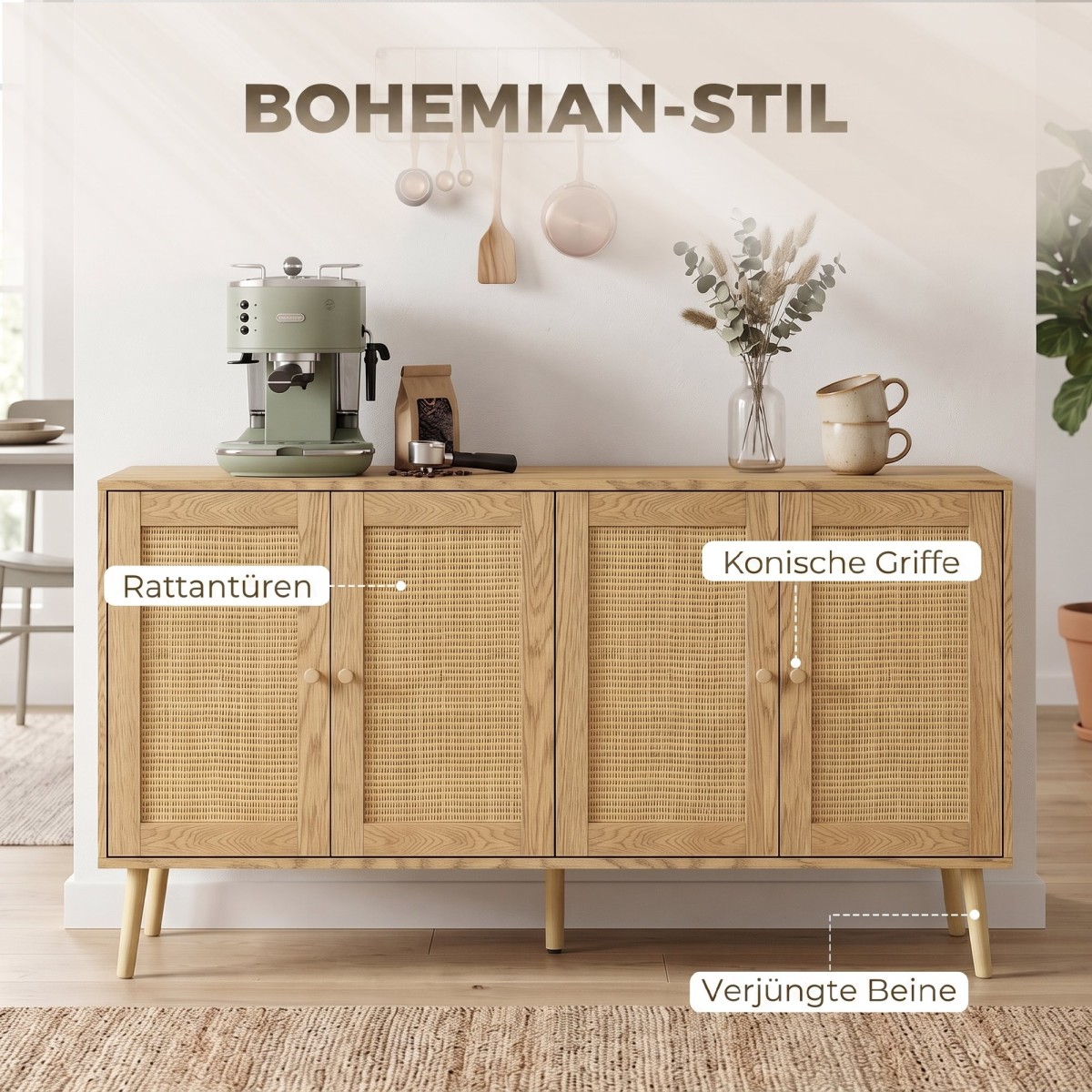 Μπουφές Rattan με 4 πόρτες, μπουφές κουζίνας boho με 2 ρυθμιζόμενα ράφια, εμφάνιση από φυσικό ξύλο