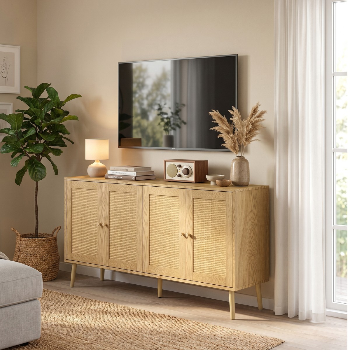 Μπουφές Rattan με 4 πόρτες, μπουφές κουζίνας boho με 2 ρυθμιζόμενα ράφια, εμφάνιση από φυσικό ξύλο