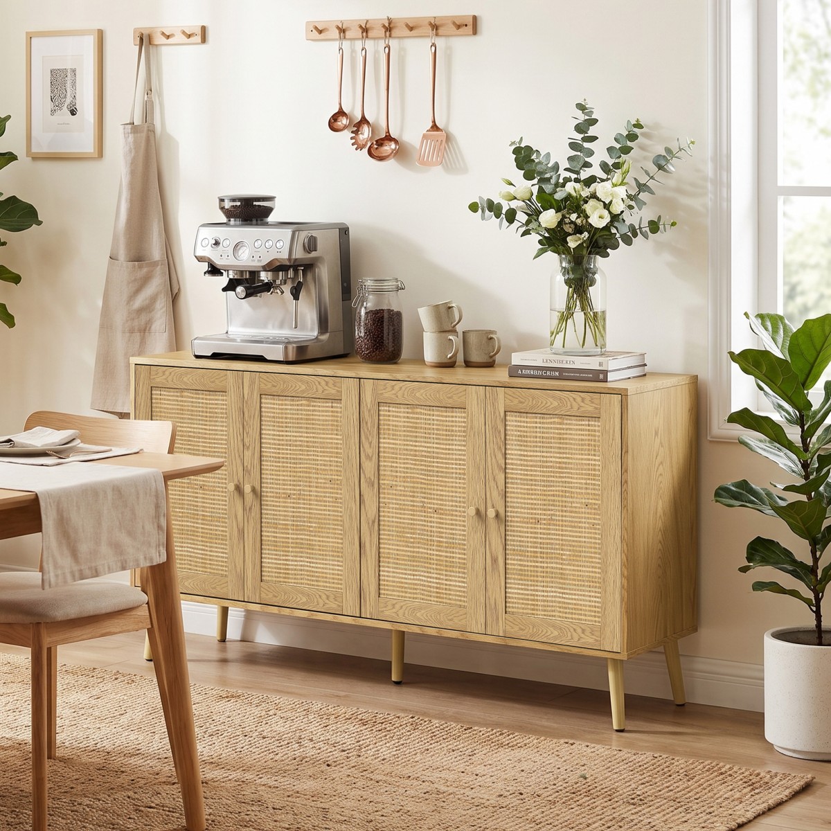 Μπουφές Rattan με 4 πόρτες, μπουφές κουζίνας boho με 2 ρυθμιζόμενα ράφια, εμφάνιση από φυσικό ξύλο