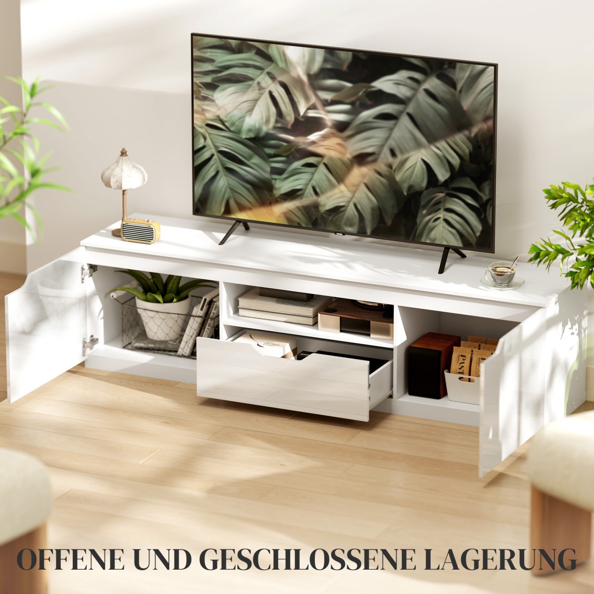 Τηλεόραση lowboard, high gloss, για τηλεοράσεις έως 65'', 3 θήκες, συρτάρι, 160 x 38 x 43 cm, λευκό