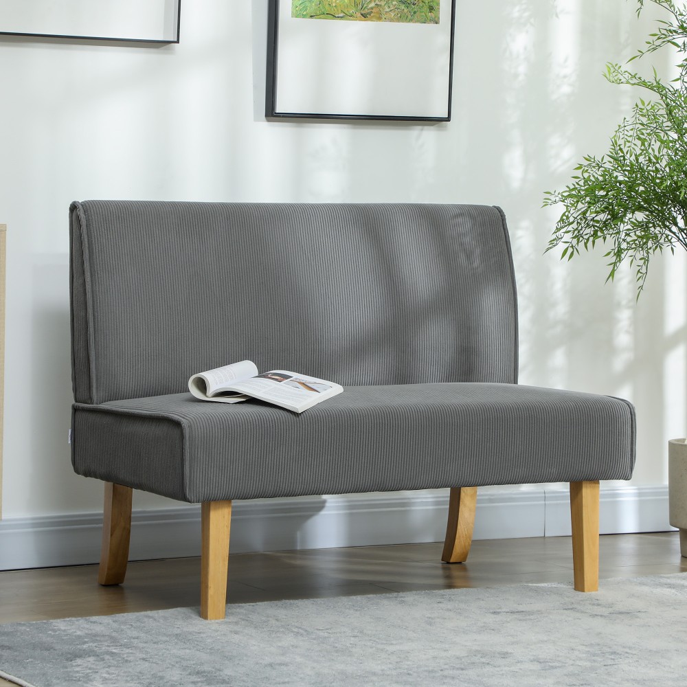 Διθέσιος καναπές HOMCOM με κάλυμμα κοτλέ, παχιά επένδυση και συμπαγή ξύλινα πόδια για σαλόνι, υπνοδωμάτιο, γραφείο, γκρι