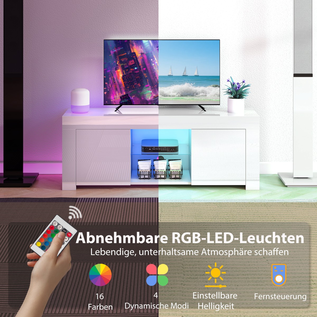Έπιπλο τηλεόρασης με φωτισμό LED, 2 πόρτες ντουλαπιών, γυάλινο ράφι, τρύπες καλωδίων, σαλόνι, νοβοπάν, λευκό
