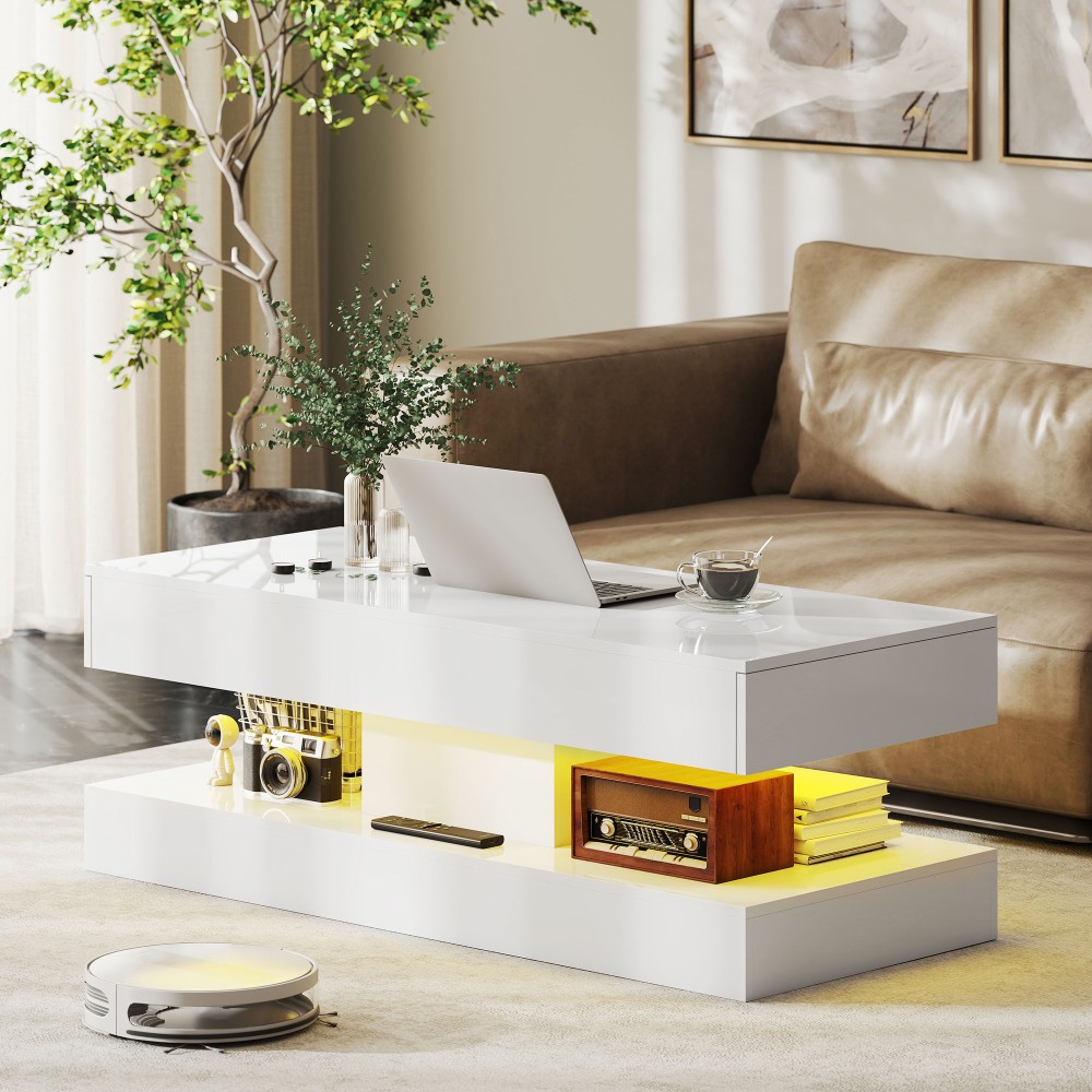Τραπέζι σαλονιού HOMCOM με συρτάρια και φώτα LED, μοντέρνο τραπεζάκι καναπέ με ανοιχτό ράφι, τραπεζάκι σαλονιού, μοριοσανίδα, λευκό