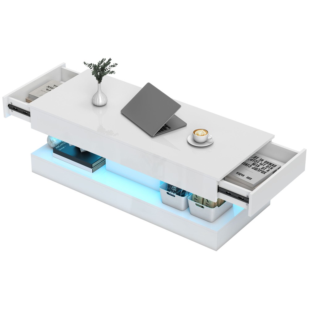 Τραπέζι σαλονιού HOMCOM με συρτάρια και φώτα LED, μοντέρνο τραπεζάκι καναπέ με ανοιχτό ράφι, τραπεζάκι σαλονιού, μοριοσανίδα, λευκό