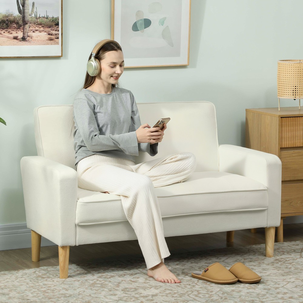 HOMCOM Καναπές 2 θέσεων, διθέσιος καναπές με πόδια από ξύλο καουτσούκ, καναπές με επένδυση για σαλόνι, υπνοδωμάτιο, κρεμ λευκό