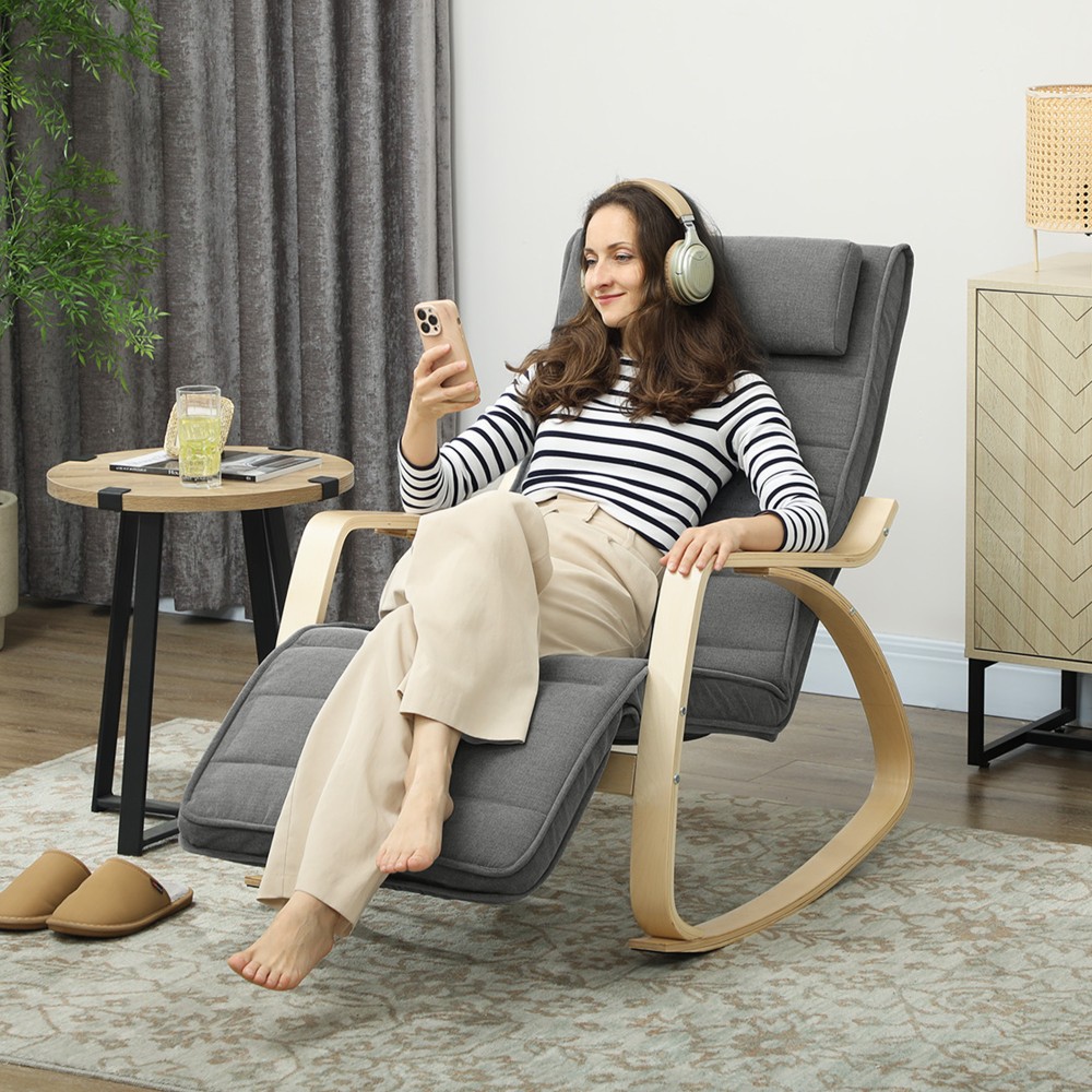 Κουνιστή πολυθρόνα με λειτουργία μασάζ, οσφυϊκή θέρμανση, 3 λειτουργίες, υφασμάτινο κάλυμμα, γκρι