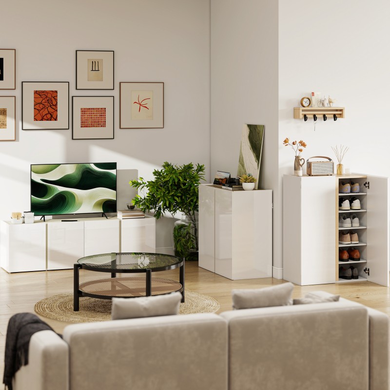 HOMCOM Έπιπλο Τηλεόρασης για Τηλεοράσεις έως 65 ιντσών, Ντουλάπι Τηλεόρασης με Πόρτες Soft-Close, Ρυθμιζόμενα Ράφια, Οπές Καλωδίων, για Σαλόνι, Λευκό