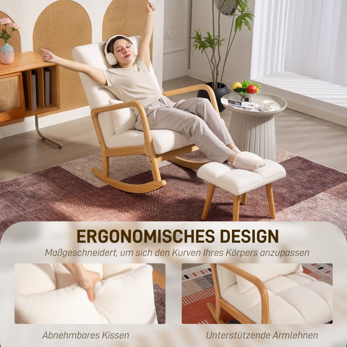 Κουνιστή πολυθρόνα με υποπόδιο, κάλυμμα fleece, ψηλή πλάτη, ξύλινα πόδια, μαξιλαράκια ποδιών, λευκό