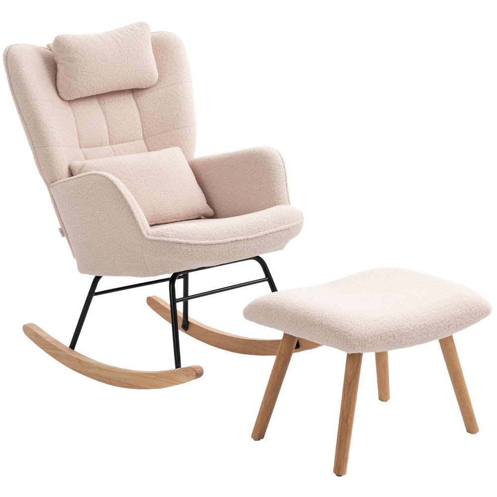 Κουνιστή πολυθρόνα με υποπόδιο Μαλακό κάλυμμα fleece Ξύλινο μαξιλάρι για πόδια Κουνιστή καρέκλα με ψηλή πλάτη Μπεζ