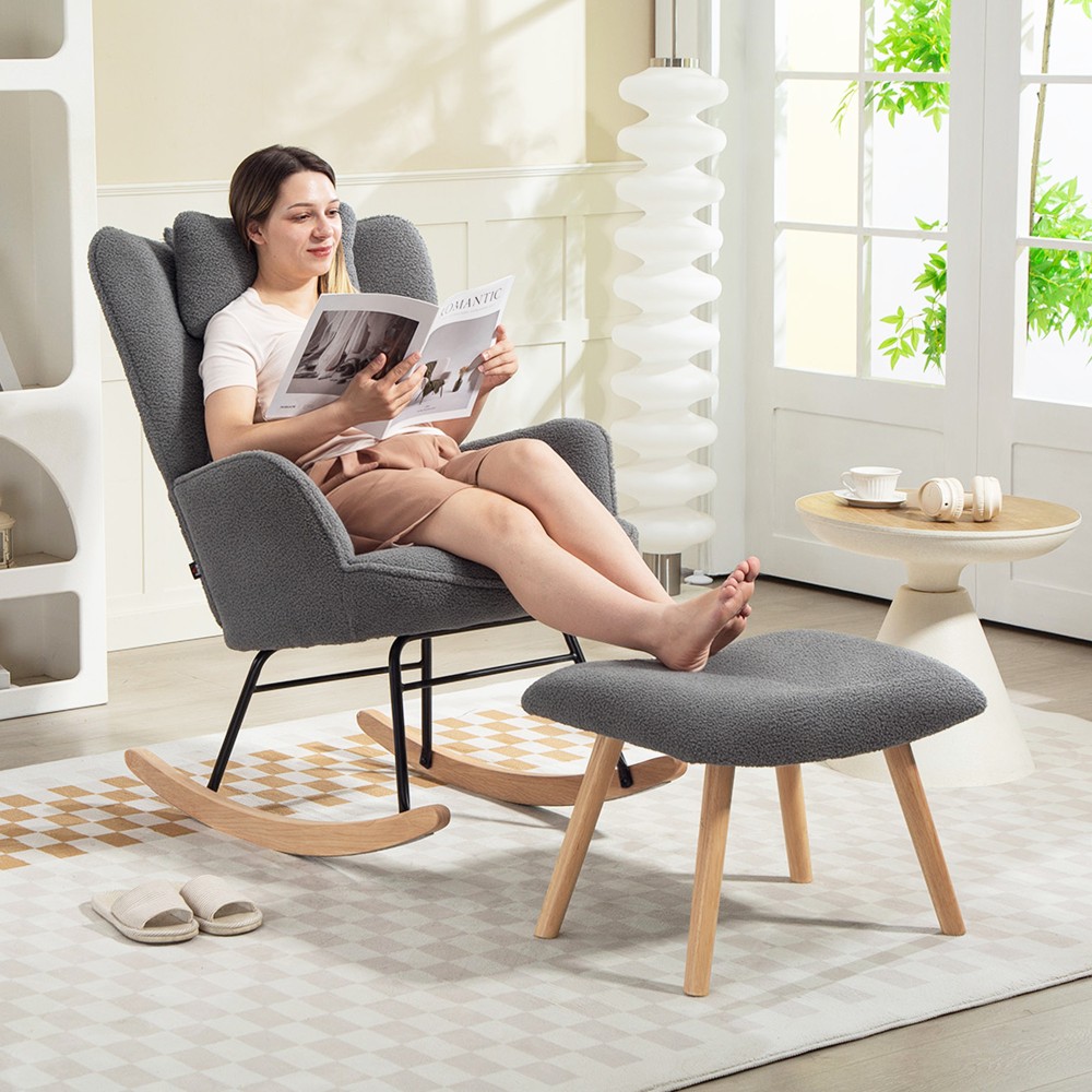 Κουνιστή πολυθρόνα με υποπόδιο Μαλακό κάλυμμα fleece Ξύλινο μαξιλάρι για πόδια Κουνιστή καρέκλα με ψηλή πλάτη σκούρο γκρι