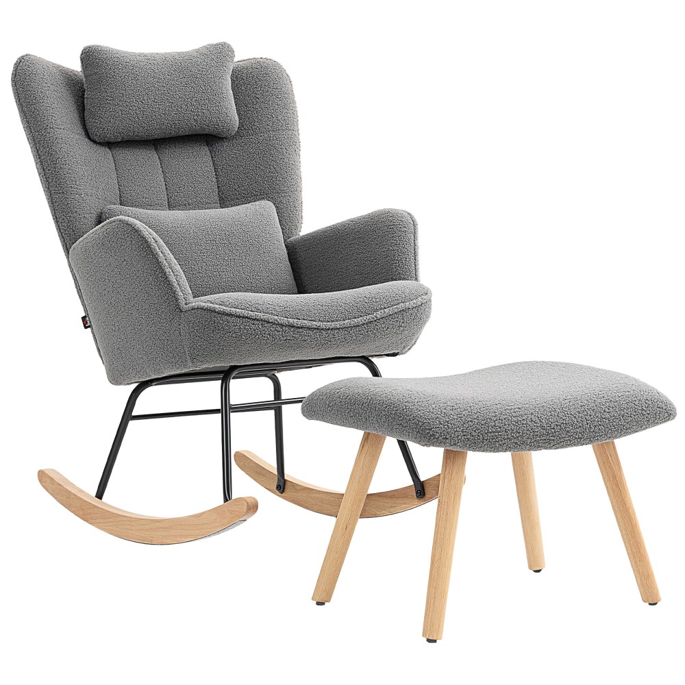 Κουνιστή πολυθρόνα με υποπόδιο Μαλακό κάλυμμα fleece Ξύλινο μαξιλάρι για πόδια Κουνιστή καρέκλα με ψηλή πλάτη σκούρο γκρι