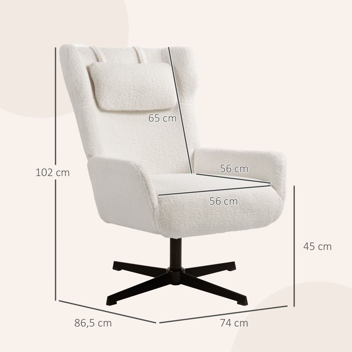 HOMCOM Πολυθρόνα accent, πολυθρόνα με επένδυση από fleece, περιστρεφόμενη βάση, μεταλλικός σκελετός, κρεμ λευκό