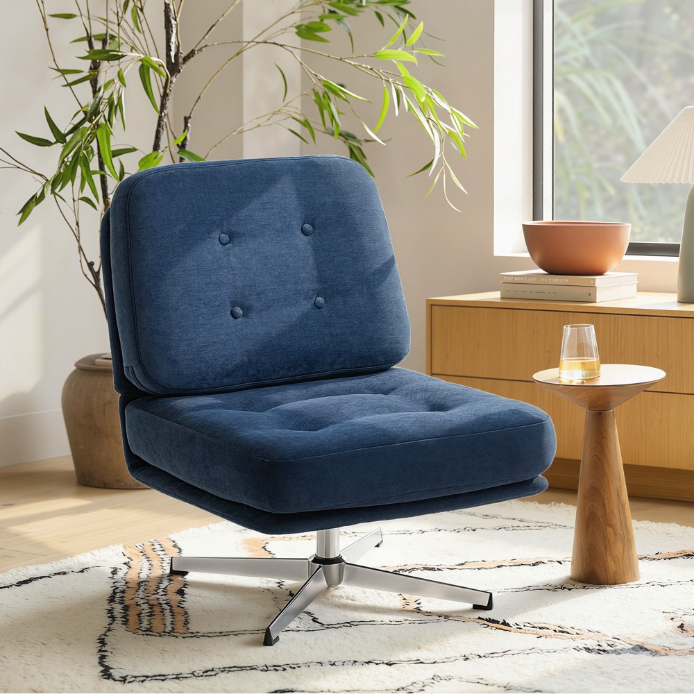Περιστρεφόμενη Καρέκλα Accent, Ταπετσαρισμένη Καρέκλα Ανάγνωσης με Τσενίλ, Φαρδύ Κάθισμα, Μαξιλάρι με Ελατήρια και Μεταλλικά Πόδια, Σκούρο Μπλε