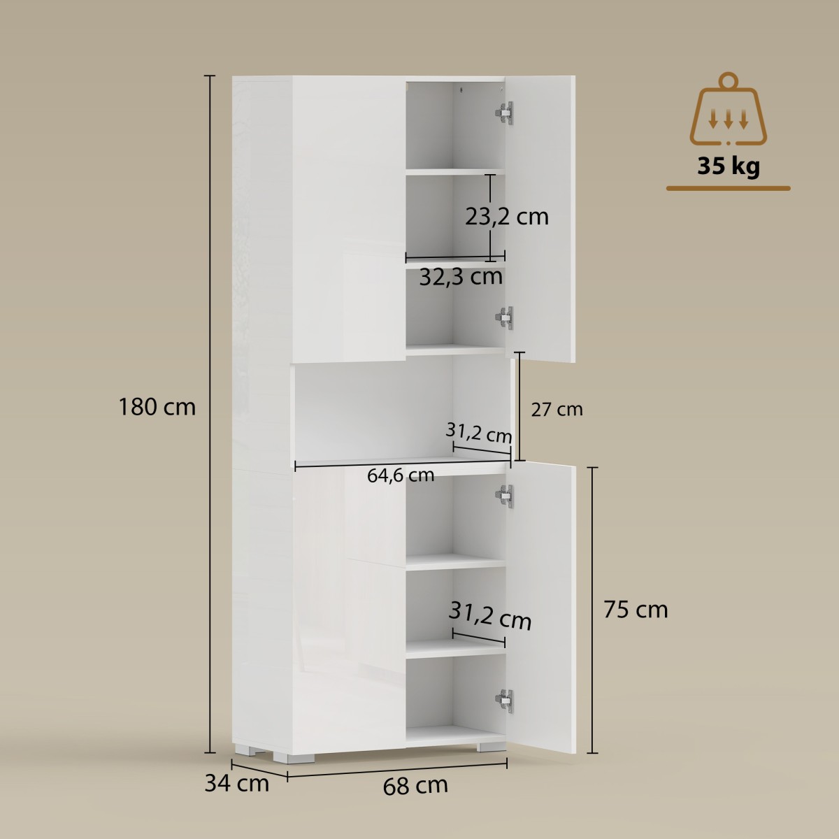 Ντουλάπι κουζίνας ύψους 180 cm, ντουλάπι αποθήκευσης με μαλακές πόρτες και ρυθμιζόμενα ράφια, γυαλιστερό λευκό