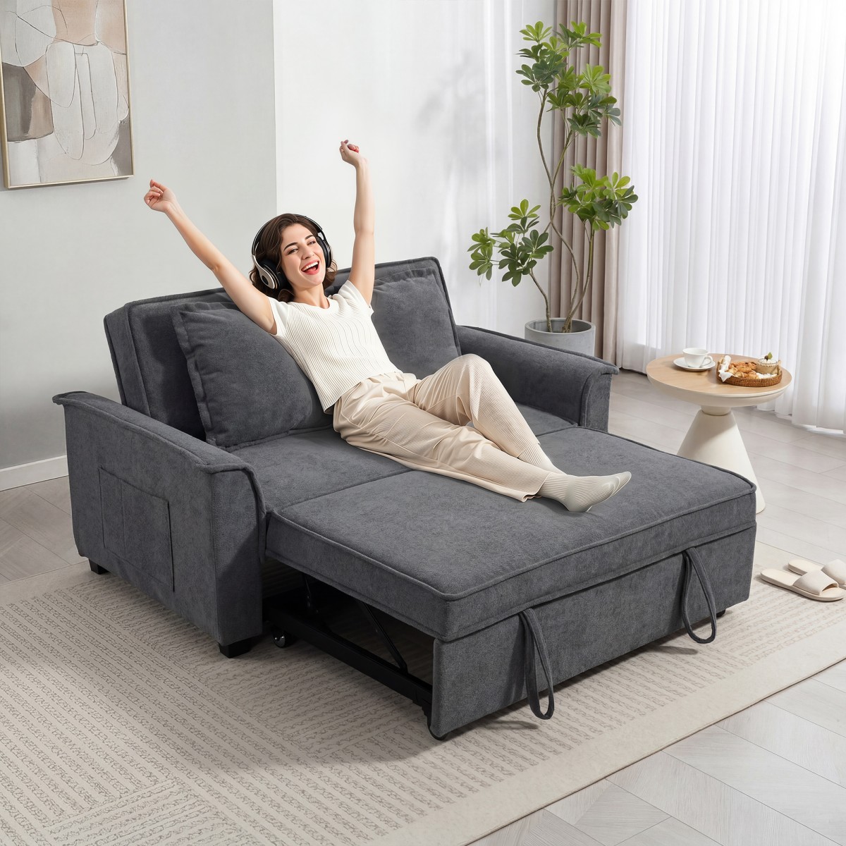 Καναπές-κρεβάτι Futon Ρυθμιζόμενη 2θέσια πλάτη με 2 μαξιλάρια σε σκούρο γκρι