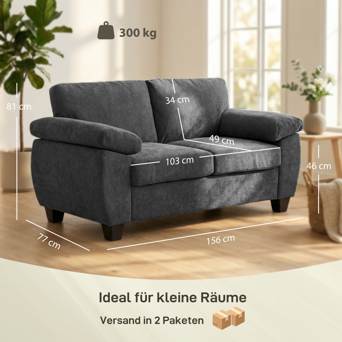 Καναπές 2 θέσεων, καναπές σενίλ 156 cm με παχιά μαξιλάρια ελατηρίου, φαρδιά υποβραχιόνια με επένδυση, χωρητικότητα 300 kg, Σκούρο γκρι