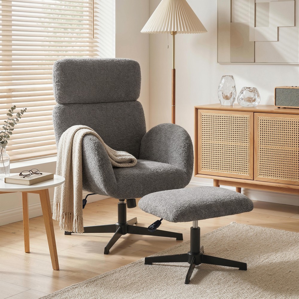 Περιστρεφόμενη πολυθρόνα με υποπόδιο, πολυθρόνα με ρυθμιζόμενο ύψος με ρυθμιζόμενο προσκέφαλο, λειτουργία λικνίσματος, γκρι