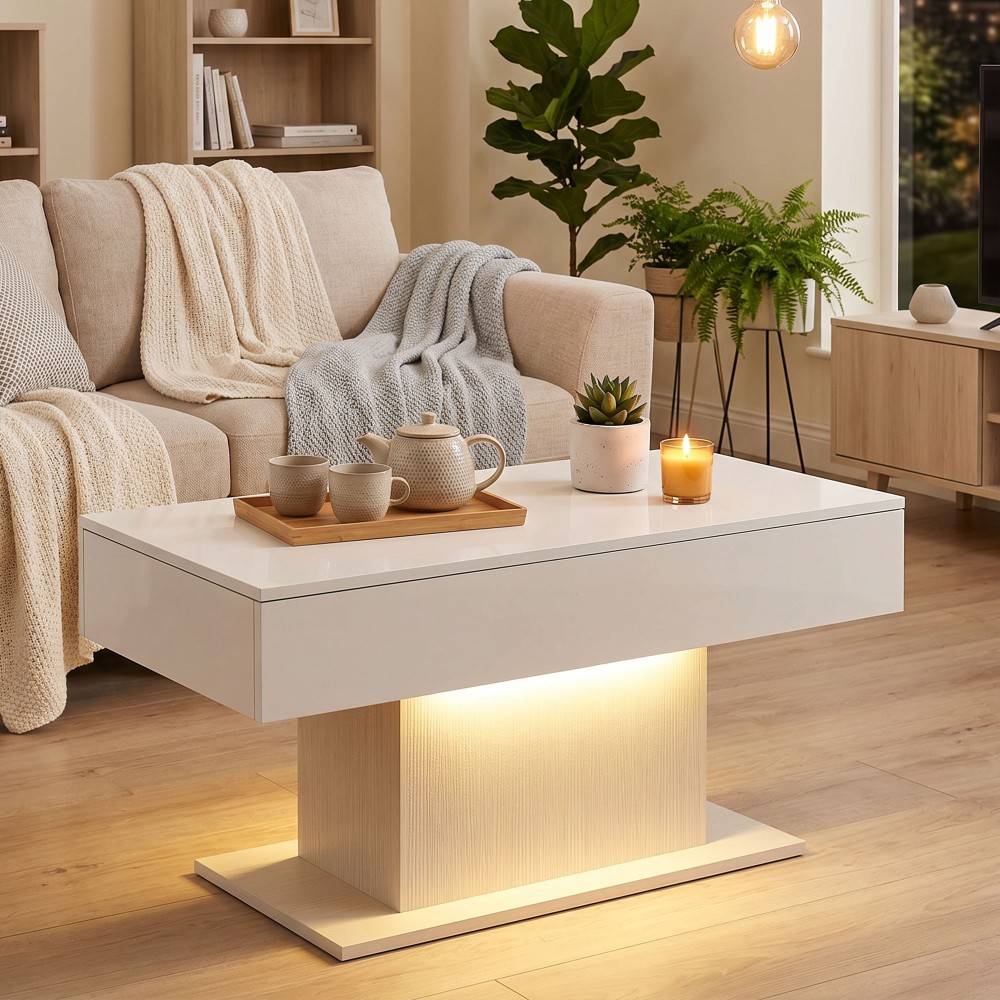 Τραπεζάκι σαλονιού LED με αποθηκευτικό χώρο, high gloss, μοντέρνο, 2 συρτάρια & τηλεχειριστήριο, λευκό