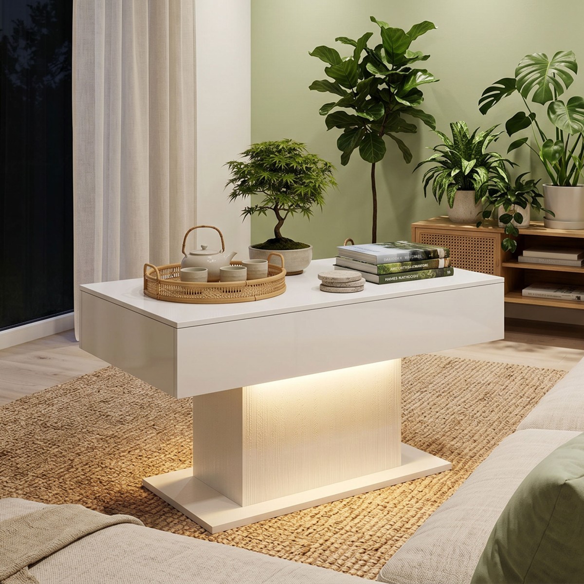 Τραπεζάκι σαλονιού LED με αποθηκευτικό χώρο, high gloss, μοντέρνο, 2 συρτάρια & τηλεχειριστήριο, λευκό