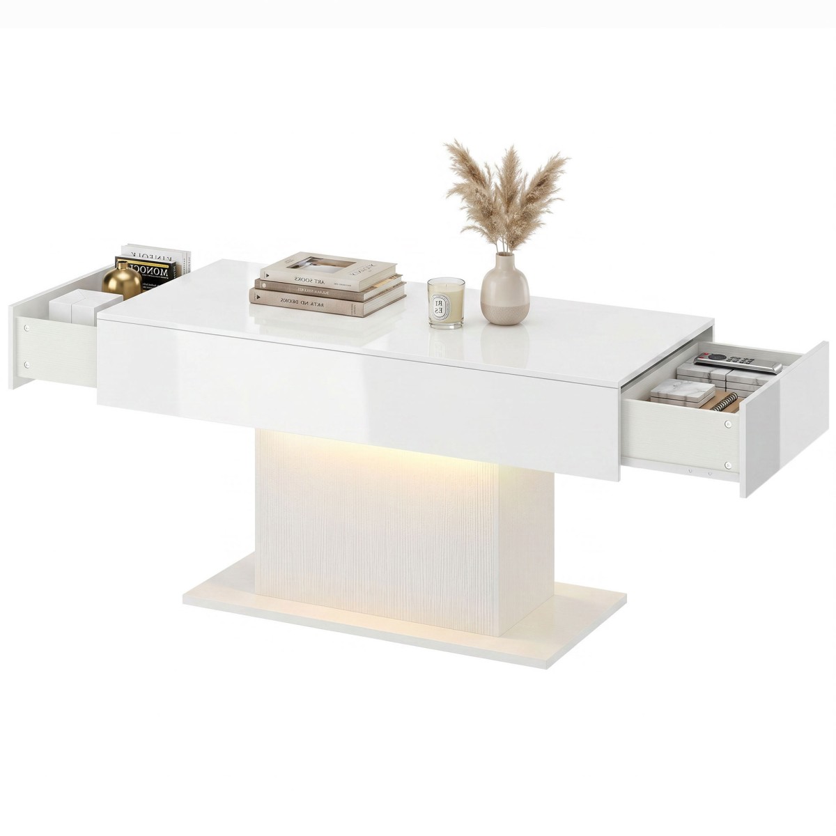 Τραπεζάκι σαλονιού LED με αποθηκευτικό χώρο, high gloss, μοντέρνο, 2 συρτάρια & τηλεχειριστήριο, λευκό
